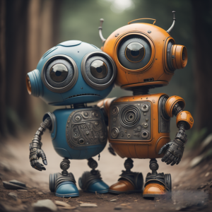 Two robots sharing a hug, expressing genuine connection and friendship.