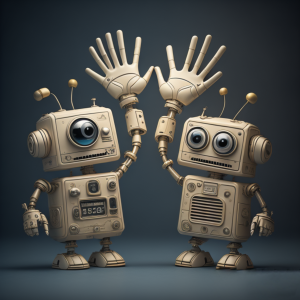 Robots in celebratory high-five, showcasing teamwork and camaraderie in boosting your leads and appointments