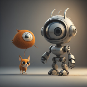 Adorable robot with loyal mechanical pet companion.